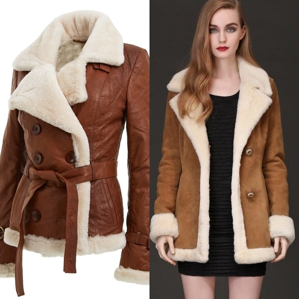 Womens Brown Leather and Sheepskin Belted Coat
